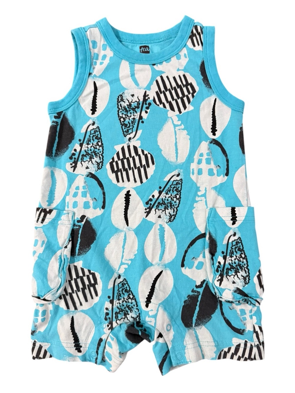 Tea Collection Baby Romper 12-18 Months Blue Shell Print Pocket Cotton Romper